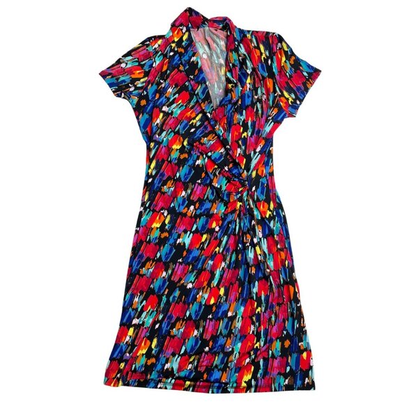 Karen Kane Multi-Color Pattern Stretch Faux Wrap Dress V Neck, Large 12 - Picture 1 of 6